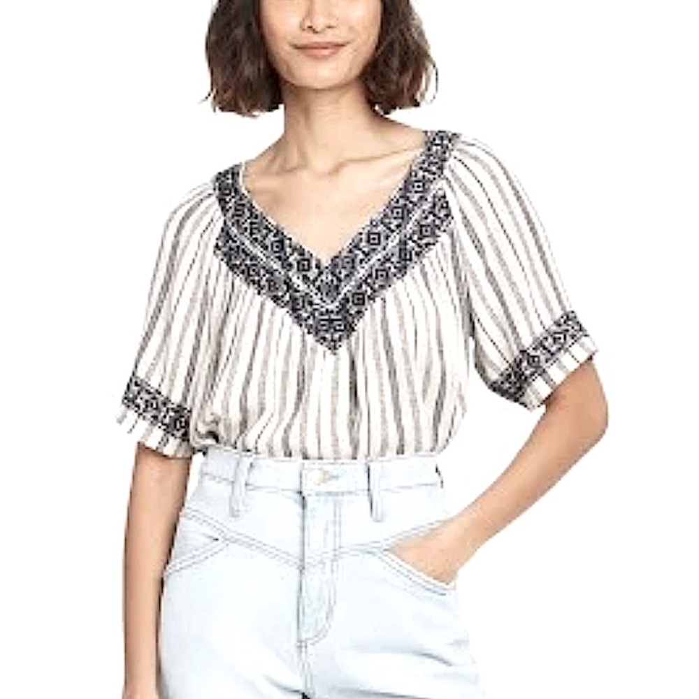 Knox Rose Blue Stripe V-Neck Embroidery Top